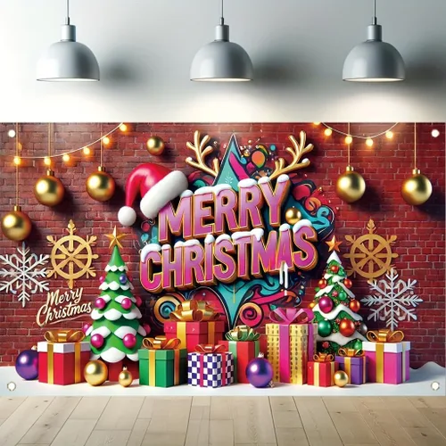 Vista 8 de Cartel de Feliz Navidad de 71 x 43 pulgadas, caja de regalo, adorno de árbol, decoración de fondo de fotografía para fiestas de invierno