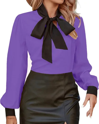 Vista 27 de Avanova - Camisas de manga larga abullonada con cuello de lazo para mujer, blusas casuales de trabajo
