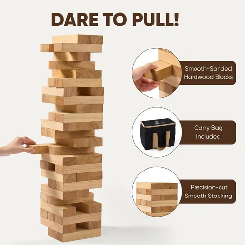 Vista 4 de Juego de torre apilable gigante de más de 5 pies, juego de torre apilable de bloques de madera premium para fiestas familiares, juegos de barbacoa