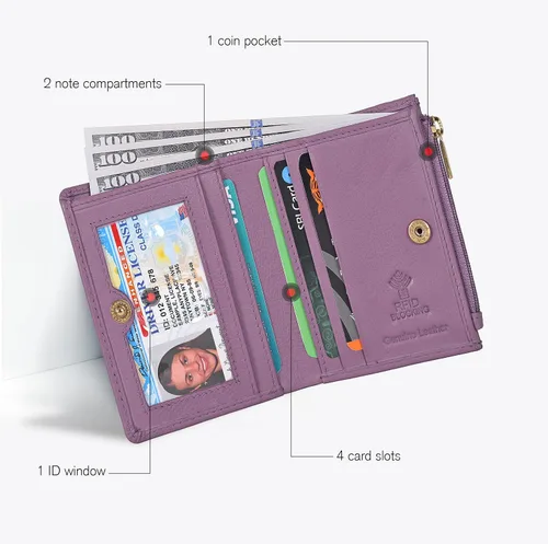 Vista 2 de Billetera Oak Leathers para mujer de piel de grano completo - Pequeña con protección RFID, monedero para monedas, tarjetero de crédito y DNI