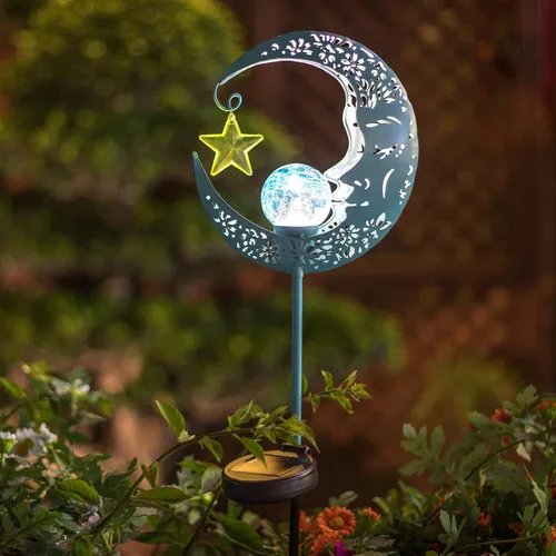 Vista 4 de Hapjoy - Luces solares para exteriores, decoración de jardín para patio, césped o camino, decoraciones de luna, luces de estaca de metal con diseño