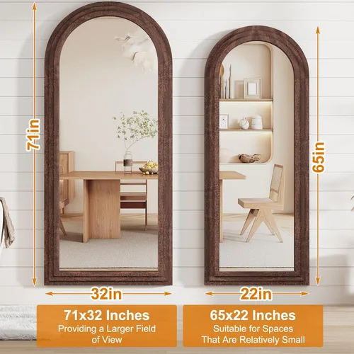 Vista 4 de ZHUNFA Espejo externo arqueado de tres capas de longitud completa con marco de madera maciza, espejo de pie moderno de 65 x 22 pulgadas, decoración