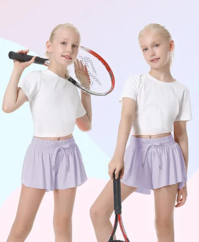 Vista 4 de QooNoo Pantalones cortos de mariposa para niñas con bolsillo, pantalones cortos atléticos fluidos de cintura alta para correr para niños