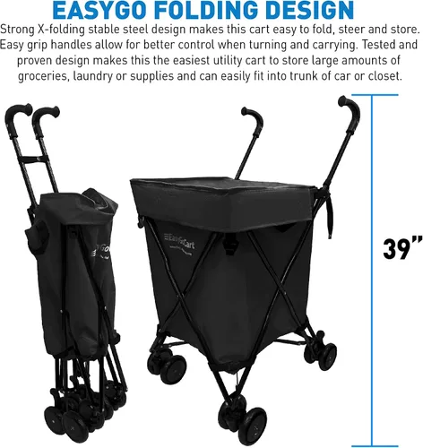 Vista 4 de EasyGo - Carrito de compras de comestibles, cesta de lavandería con ruedas, bolsa de lona extraíble, ruedas Versa y frenos traseros, fácil