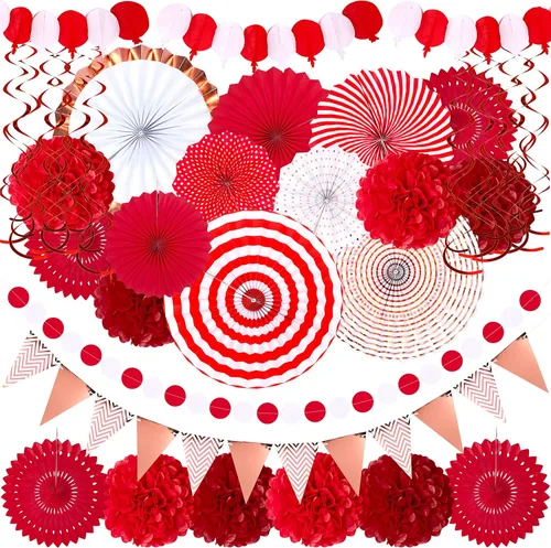 Vista 11 de Juego de 35 piezas de decoración para fiesta con abanicos de papel - Pom Poms del Cinco de Mayo, banderines, guirnaldas, pancartas, remolinos