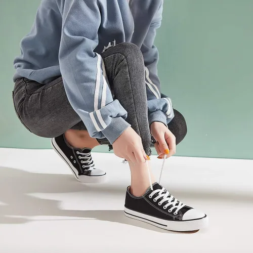 Vista 6 de Tenis de lona para mujeres, zapatos de lona de corte bajo con cordones, zapatos de tenis casuales