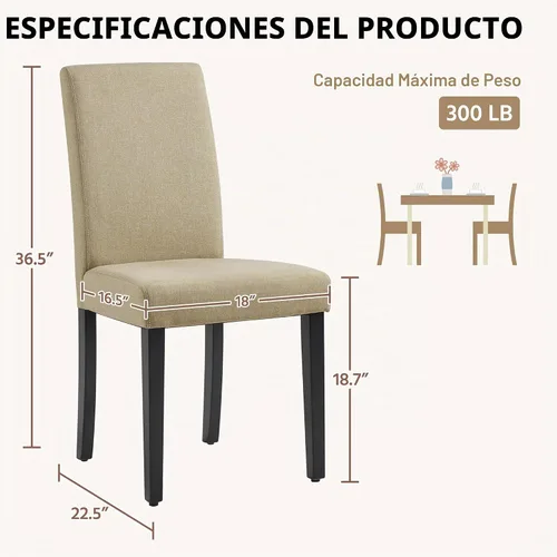 Vista 3 de Yaheetech Juego de 2 Sillas de Comedor de Tela Tapizada Parson Sillas de Cocina con Asiento Acolchado y Patas de Madera Maciza para Caqui