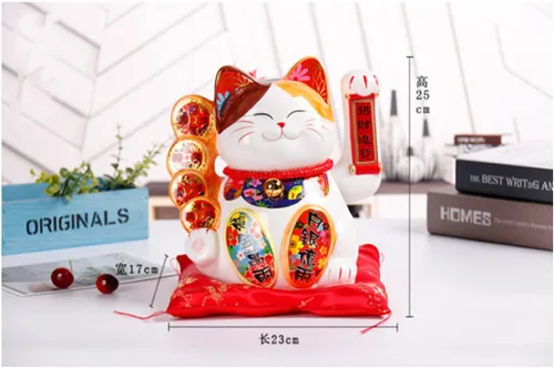 Vista 2 de Gato de la suerte grande de 10 pulgadas, gato de la suerte de cerámica Feng Shui, porcelana decorada con adornos, Lucky Fortune, el mejor regalo
