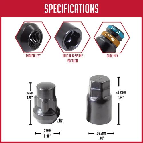 Vista 2 de Wheel Accessories Parts 4 cerraduras + llave de 1/2"-20 roscas de extremo cerrado de 1.378 in 1.38 pulgadas de largo cerradura de rueda negra doble