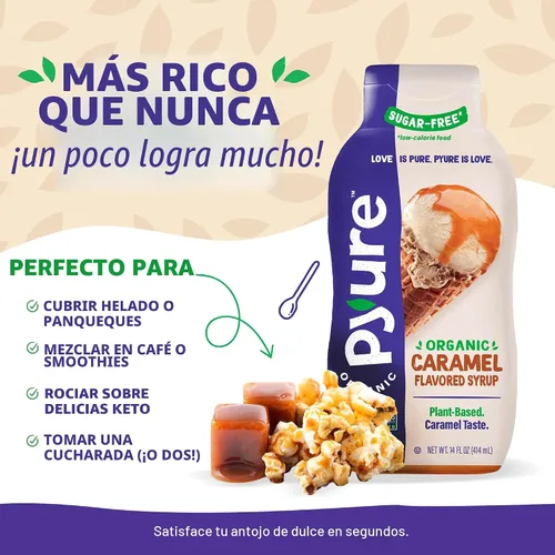 Vista 3 de Pyure - Jarabe orgánico de caramelo para postres Aderezo de caramelo sin azúcar para helado keto, panqueques, dulces bajos en carbohidratos 1 g