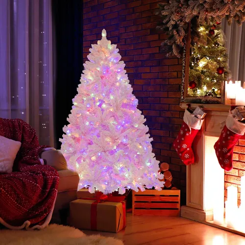 Vista 8 de Goplus Árbol de Navidad artificial preiluminado rosa de 6 pies, árbol de Navidad artificial con bisagras con nieve artificial con 808 puntas