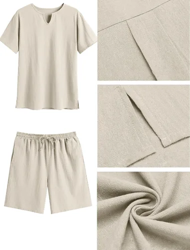 Vista 5 de Lexiart Conjunto de 2 piezas de algodón y lino para hombre, camisa de manga corta con cuello en V, pantalones cortos de playa, trajes de yoga
