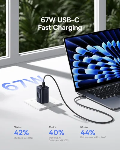 Vista 2 de Baseus PICOGO Cargador USB C de 67W, el Bloque de Carga Rápida de 3 Puertos Más Pequeño con Enchufe Plegable, PD/PPS para MacBook Air/Pro, iPhone