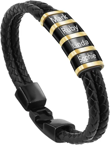 Vista 37 de Pulseras de cuero personalizadas para hombre con 1-6 nombres, pulsera trenzada personalizada con cuentas para papá, marido, día del padre, San