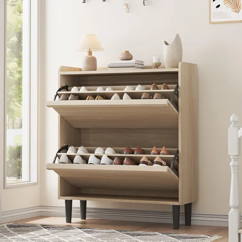 Vista 13 de IDEALHOUSE 2 zapateros con cajones abatibles, zapatero de madera con estante ajustable, organizador de zapatos independiente, almacenamiento oculto