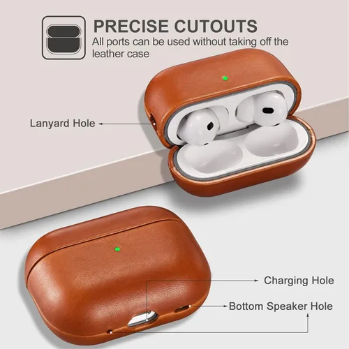 Vista 3 de ICARERFAMILY Funda de cuero para AirPods Pro 2 (2022), funda protectora de cuero genuino a prueba de golpes para AirPods Pro 2 auriculares estuche