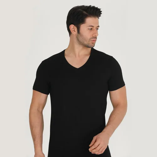 Vista 3 de BAMBOOVEN Paquete de 3 camisetas con cuello en V y rayón de bambú para Cuello en V - Negro