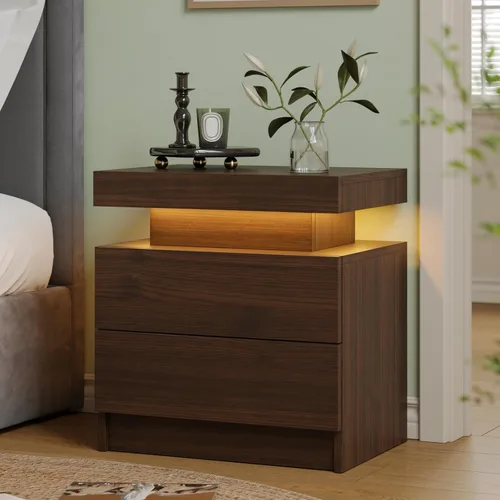 Vista 14 de Mesita de noche LED negra moderna con 2 cajones para mesa auxiliar de dormitorio