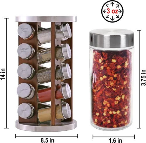Vista 8 de Orii Repisa para 20 tarros de madera de acacia oscura con especias incluidas - Organizador giratorio en torre para especias y condimentos de cocina