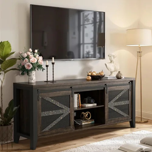 Vista 15 de VFK Soporte de TV de esquina de estilo granja para TV de 50 pulgadas, centro de entretenimiento rústico con almacenamiento, mesa de consola