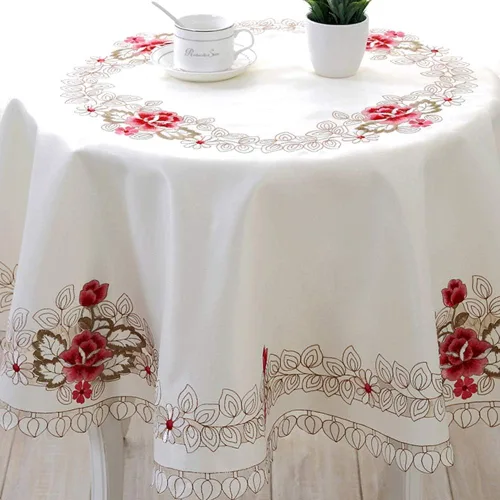 Vista 3 de LeLehome - Mantel de encaje bordado con flores cafés, color crema y beige, diseño clásico y tela que no se arruga para mesa de comedor