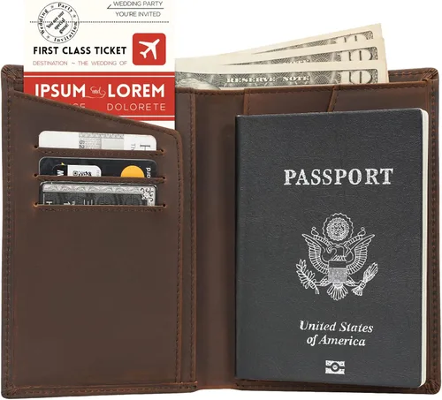 Vista 2 de Polare - Cartera plegable de cuero con bloqueo RFID para pasaporte y viaje para hombres Marrón oscuro Cartera de bloqueo RFID