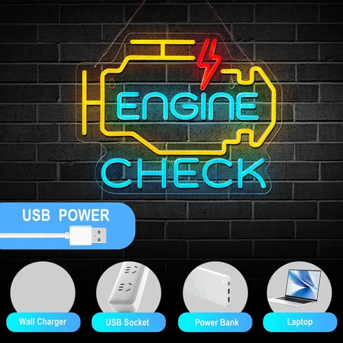 Vista 5 de Letrero de neón Check Engine para decoración de pared de garaje, letreros de neón Check Engine para taller de reparación de automóviles con letreros