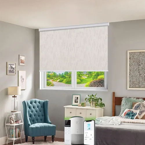 Vista 5 de TIPIACE Persianas motorizadas recargables compatibles con Alexa Google Home a través del concentrador, control remoto, opacas, de tela jacquard