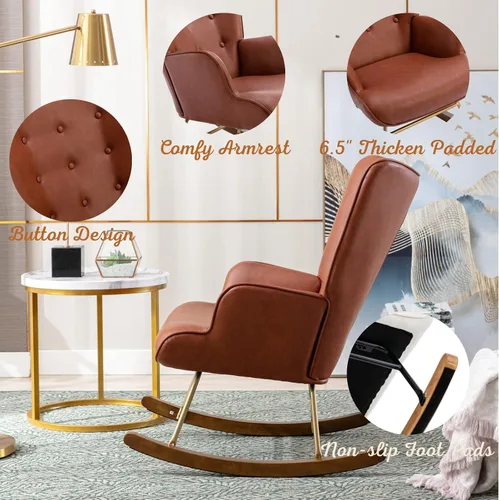 Vista 3 de DOGNNAK Mecedora de cuero marrón con respaldo copetudo con base de madera maciza, respaldo alto cómodo, sillón de ocio para sala de estar y Mecedora