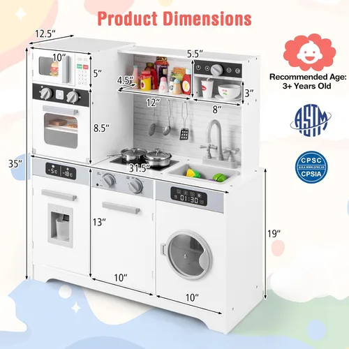 Vista 6 de Costzon Juego de cocina para niños, juego de madera para niños pequeños con luces y sonidos reales, fregadero, grifo, dispensador de agua, Blanco