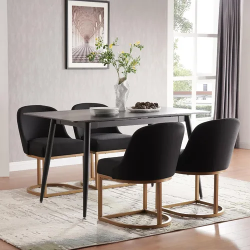 Vista 2 de Leick Home 214536 Barrelback Silla de comedor con base de metal, juego de 2, para comedor, asiento moderno de lino negro y base de metal dorado