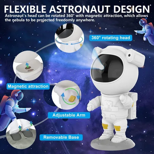 Vista 4 de Proyector de Galaxia de Astronauta para Dormitorio, Proyector de Estrellas Ajustable 360° con Control Remoto y Temporizador, Lámpara de Luz