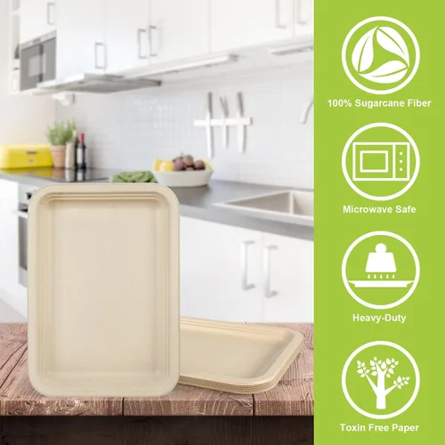 Vista 3 de Paquete de 10 platos de comida, platos de papel rectangulares, aptos para microondas, a prueba de remojos, resistentes a cortes, compostables