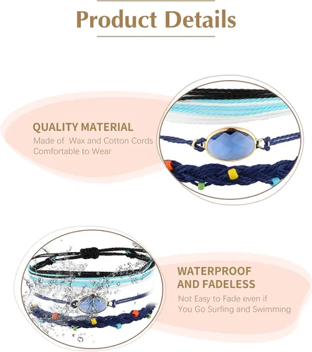 Vista 6 de Hicarer 21 pulseras de olas surfistas ajustables e impermeables hechas a mano para la amistad, joyería para mujer
