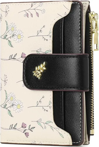 Vista 15 de Billeteras pequeñas para mujer, de cuero, plegable, con cremallera, con bolsillo con cremallera, lindo soporte para tarjetas de crédito, monedero