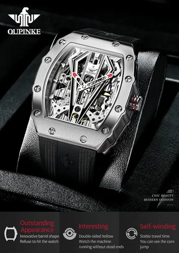 Vista 2 de OLEVS Relojes mecánicos automáticos de esqueleto para hombre, correa de silicona Tonneau de lujo, cristal de zafiro, impermeable, relojes de pulsera