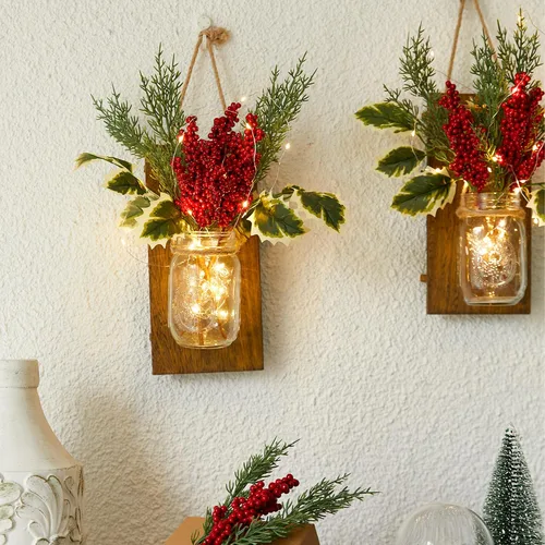 Vista 6 de PARTY JOY Juego de 2 apliques de tarro de Navidad con bayas rojas, decoración rústica de pared con control remoto para decoración navideña