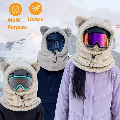 Vista 9 de Máscara de esquí con capucha de animal lindo pasamontañas calentador de cara con orejas de oso unisex para hombres, mujeres y niños, ideal