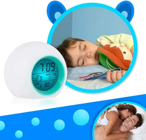 Vista 4 de Wisdom Link Reloj despertador digital para niños, luz nocturna de 7 colores, repetición, detección de temperatura para niños pequeños, niños