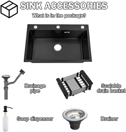 Vista 3 de Fregadero de cocina de montaje superior con caída de 3 agujeros, fregadero de un solo cuenco de acero inoxidable con escurridor y dispensador