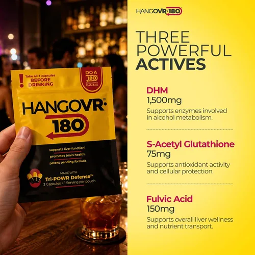 Vista 4 de Hangovr180® Tri-Power Antes de Beber Suplemento de defensa con DHM 1500mg - Apoya la salud del hígado y el cerebro, siéntete más fresco y mejor