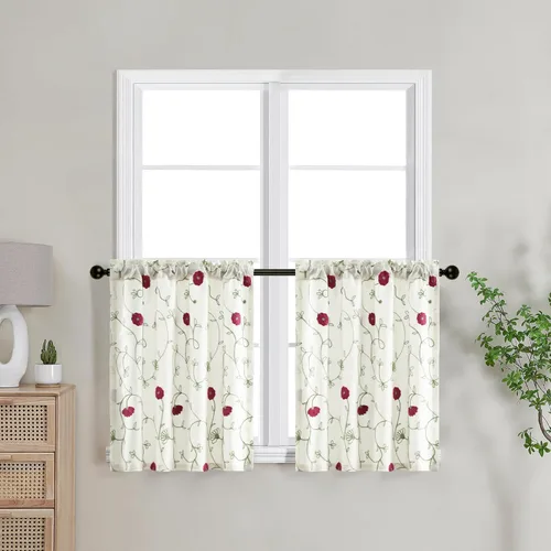 Vista 29 de VOGOL Cortinas de Nivel para Cocina para Ventana, Flores Azules y Enredaderas Bordadas Cortina de 24 Pulgadas de Largo, Cortinas Cortas Tratamiento