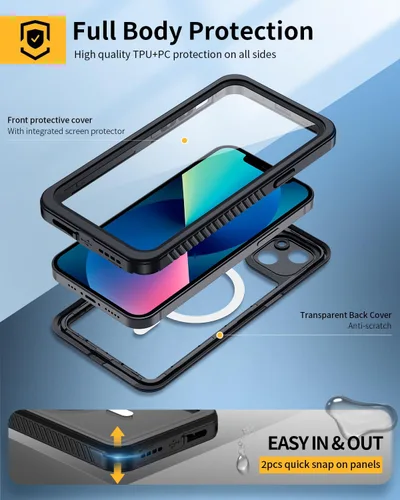 Vista 4 de Lanhiem Funda magnética para iPhone 13, impermeable, a prueba de polvo, a prueba de golpes, con protector de pantalla integrado compatible con Negro