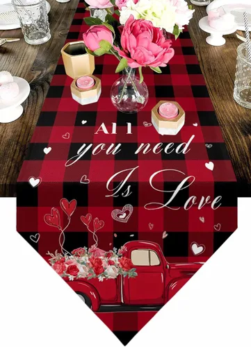 Vista 13 de Camino de mesa de corazón de amor para el día de San Valentín, camino de mesa de arpillera antideslizante, decoración retro de lino para casa