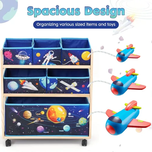 Vista 5 de Jomifin Organizador de almacenamiento de juguetes para niños con ruedas, carrito rodante con 6 contenedores de almacenamiento extraíbles para Azul