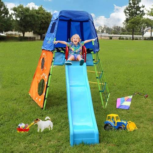 Vista 2 de Fitness Reality Kids Explorer Adventure - Fuerte de escalada con plataforma, tobogán de juegos y tienda de campaña, gimnasio de jungla al aire libre