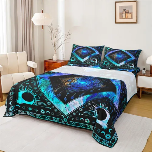 Vista 26 de Erosebridal Juego de sábanas tamaño individual con estampado de luna, diseño de flores de loto, color morado degradado, juego de sábanas orientales
