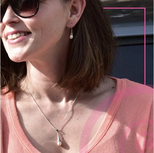 Vista 7 de LooptyHoops Aretes de plata de ley con perlas de agua dulce con gancho de gota de trompeta, colgante de perlas de agua dulce a juego en plata