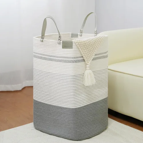 Vista 13 de Cesta grande de 79 L para ropa sucia, cesta tejida de algodón con asas, cesta de almacenamiento para ropa sucia en el baño, cesta decorativa