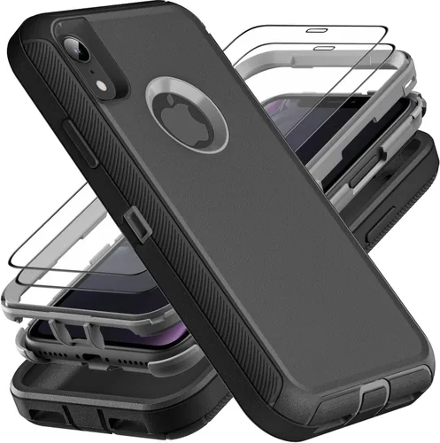Vista 8 de YKHJKLEC Funda para iPhone XR, grado militar 3 en 1, resistente a los golpes, a prueba de caídas, polvo con 2 protectores de pantalla de vidrio Azul